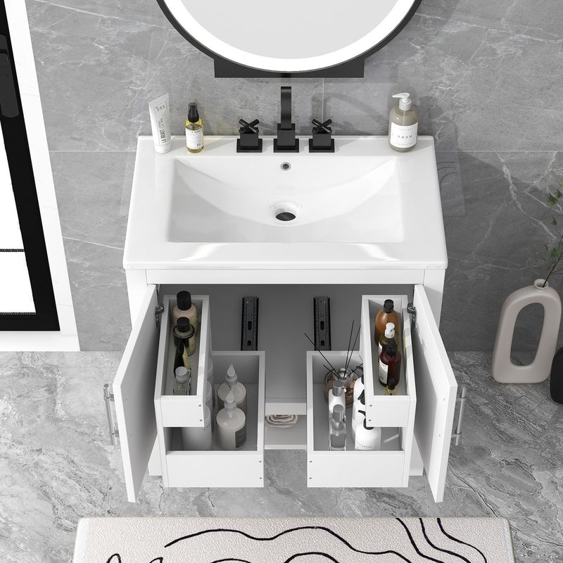30" Bathroom Vanity With Sink, Multi-functional Bathroom Cabinet With Doors And Drawers, Solid Frame And MDF Board, White_voghion.com