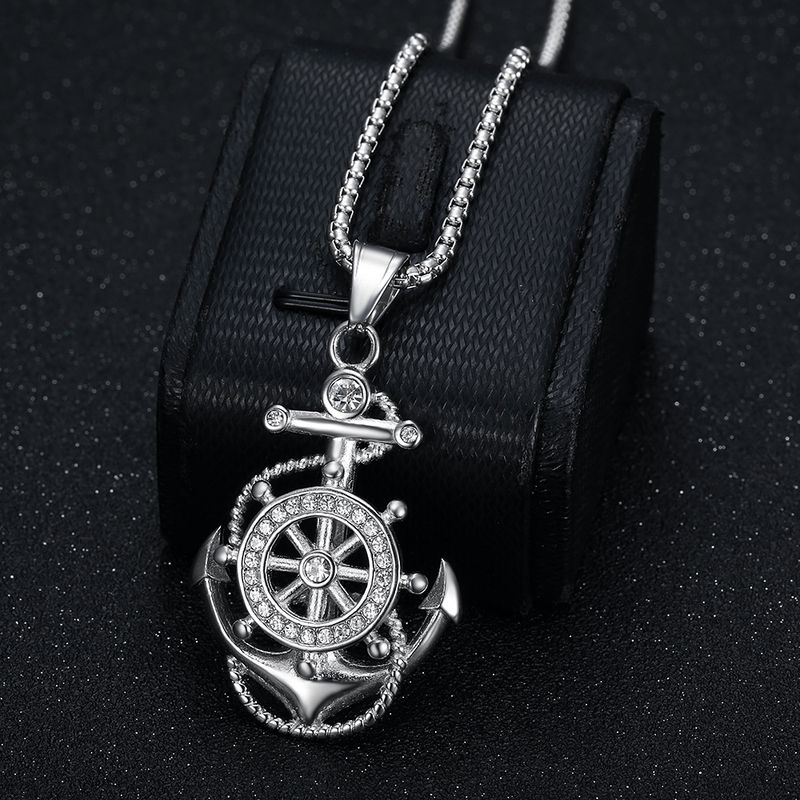 New Hip Hop Jewelry Titanium Steel Vacuum Gold Plated Diamond Set Anchor Pendant Necklace_voghion.com
