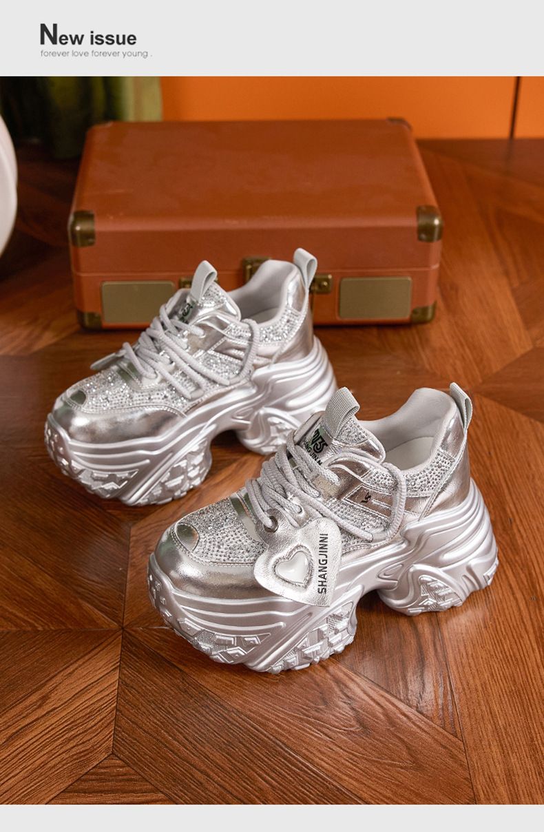 Thick soled dad for women, 2024 autumn new item, rhinestone versatile, explosive street sports and leisure shoes, height_voghion.com