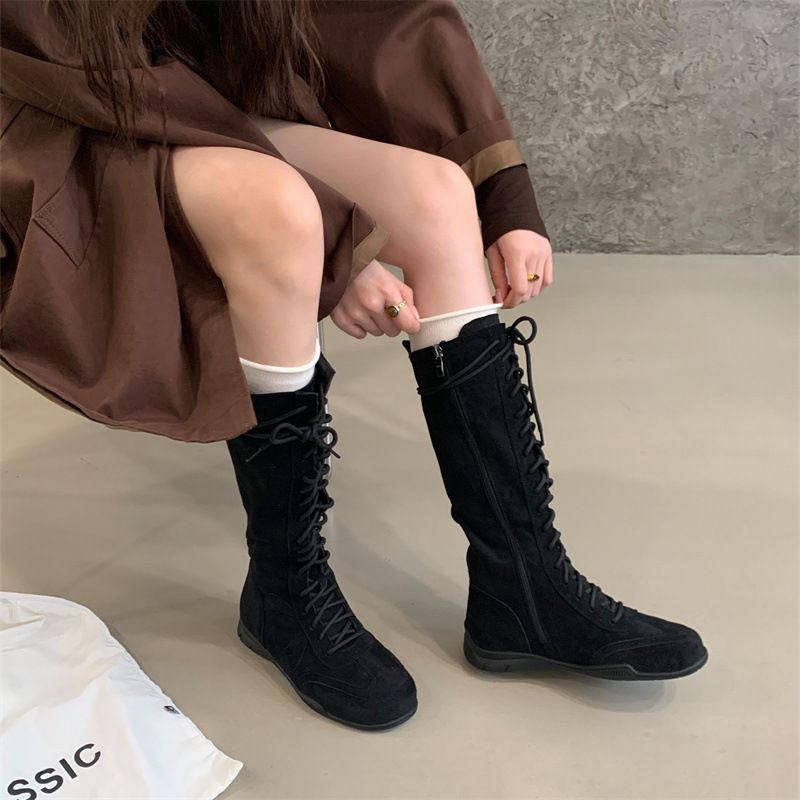 Women Boxing Boots Miting Front Lace-Up Casual Long Round Toe Versatile Height-Increasing Comfortable Martin Side Zipper Cool And Handsome_voghion.com