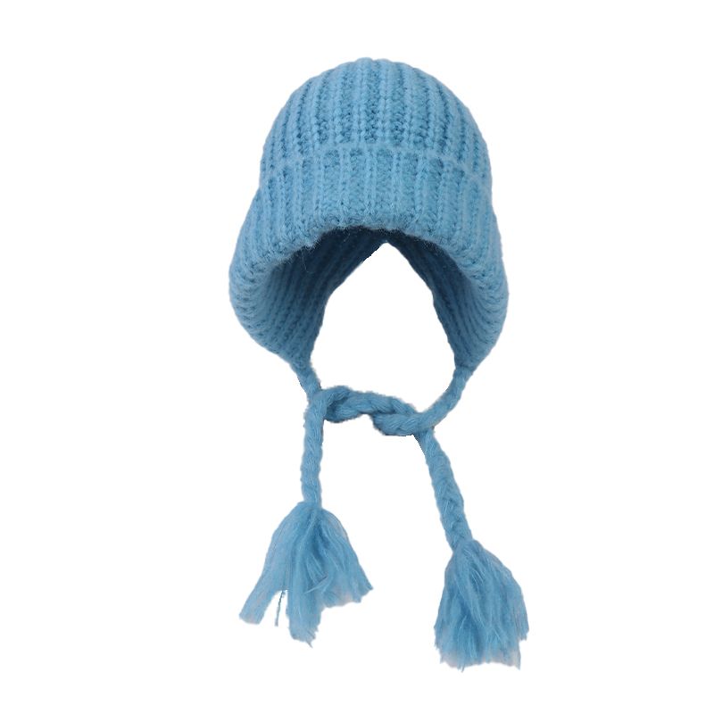 Blaue Sturmhaube für Damen, warmer Ohrenschutz aus gestrickter Wolle im Herbst und Winter, gesichtsschlankmachende, kältebeständige Kopfwickelmütze_voghion.com