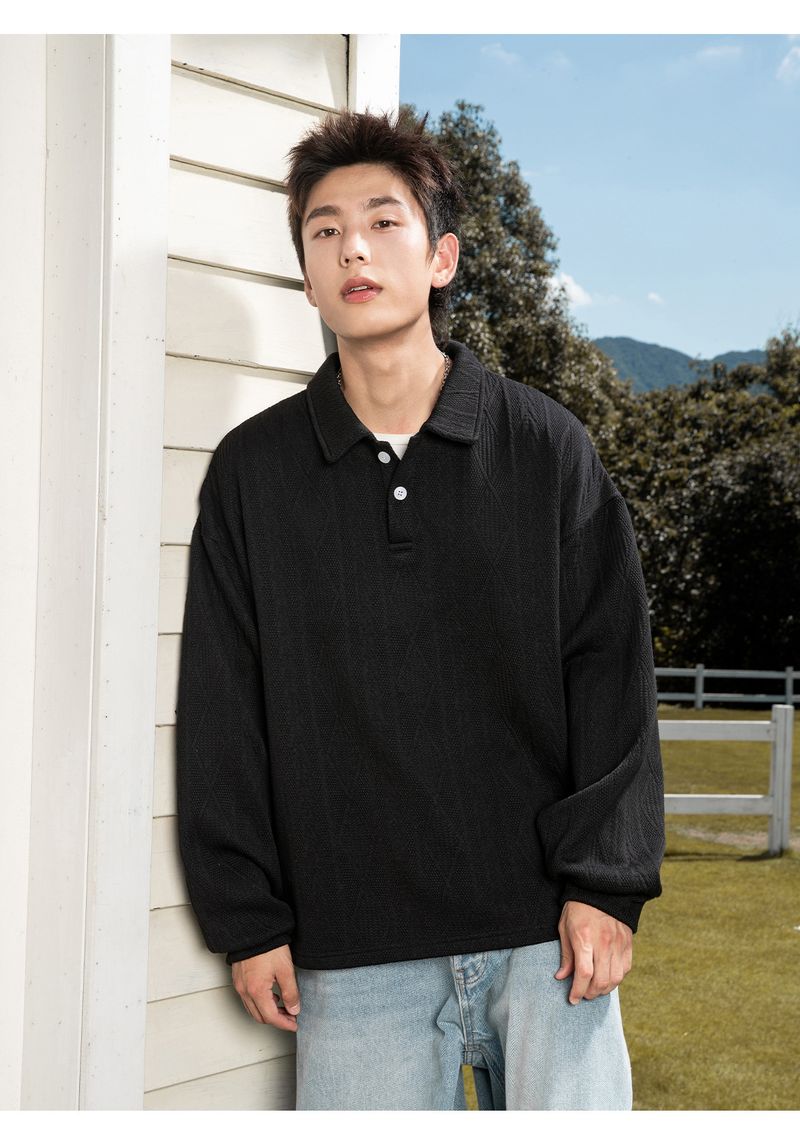 Felpa con colletto polo pesante di ispirazione vintage per uomo - Pullover a maniche lunghe in jacquard testurizzato con stile retrò (nero, bianco sporco)_voghion.com