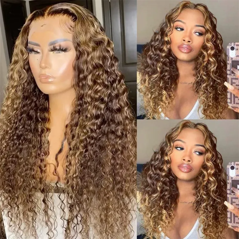 4/27 Highlight Water Wave Human Hair Wig 13x4 Lace Frontal Human Hair Wig For Women Curly Wig Transparent Lace Front Wig 180%_voghion.com