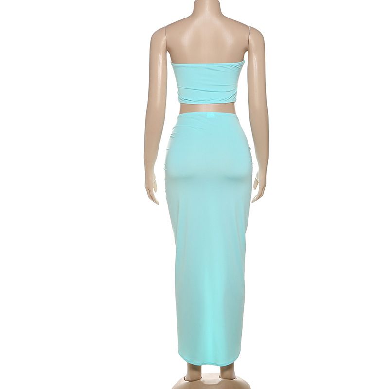 Naisten vaatteet kesällä uusi ontto selkämys putkitoppi korkea vyötärö yksivärinen halkiohamepuku naisille_voghion.com