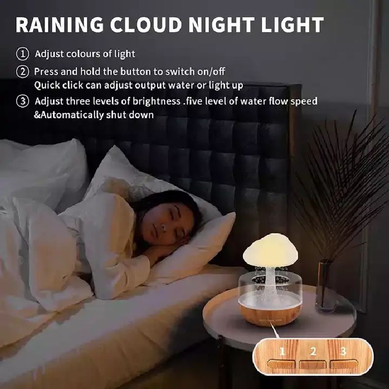 Lampada da tavolo a LED con nuvola e goccia di pioggia, umidificatore colorato a forma di fungo, foresta pluviale, aromaterapia, lampada da tavolo per uso domestico, paesaggio con nuvola di pioggia_voghion.com