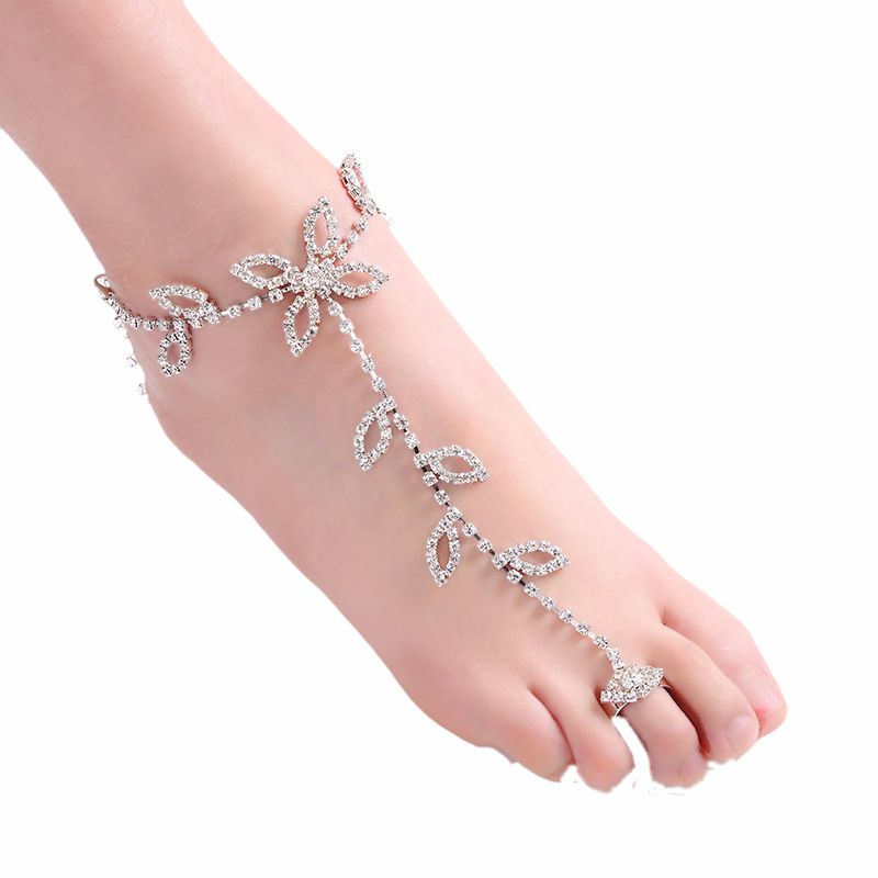 Braut Damen Spann Kette Strass Zubehör Blatt Strand Knöchel Armband Fuß Schmuck_voghion.com