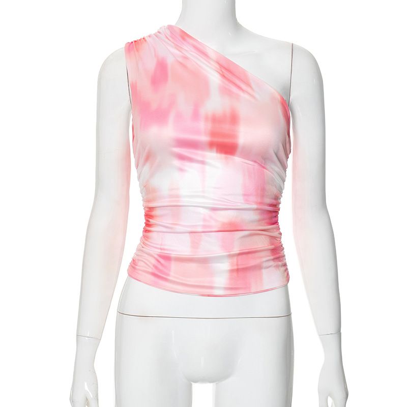 Vêtements pour femmes, nouveaux hauts d'été sans manches à col oblique et épaules dénudées, imprimés sexy, couleur contrastée_voghion.com