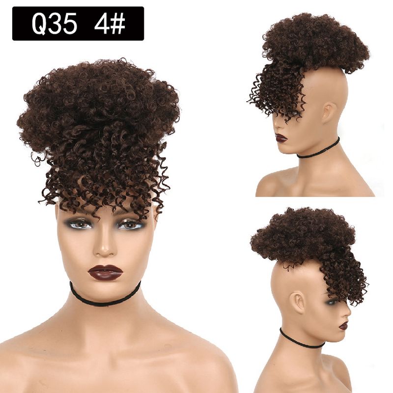Zwarte korte kinky krullende chignon met pony Synthetische haarknot Trekkoord paardenstaart Clip in Afro Puff haarstukken voor vrouwen_voghion.com