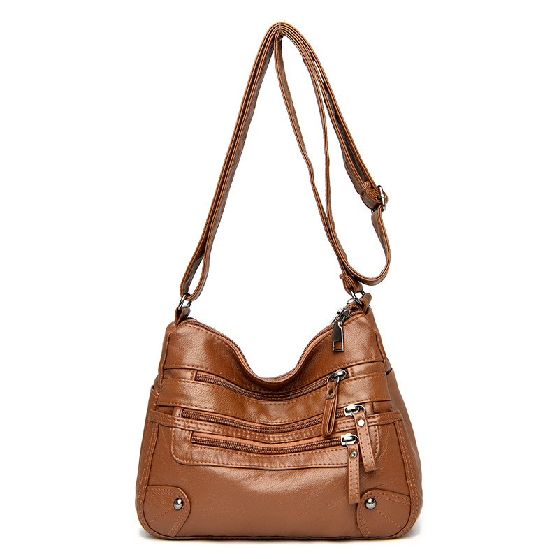 Soft leather fashionable double-layer satchel Korean version large-capacity washing leather small bag_voghion.com