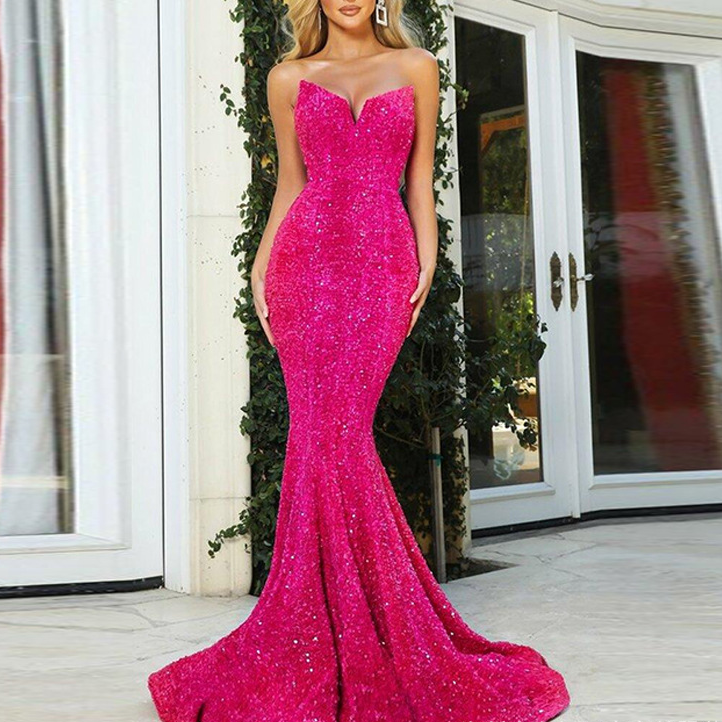 Women's Clothing autumn and winter Christmas dress women's long swing tube top sequined long dress party evening dress sequined tail_voghion.com