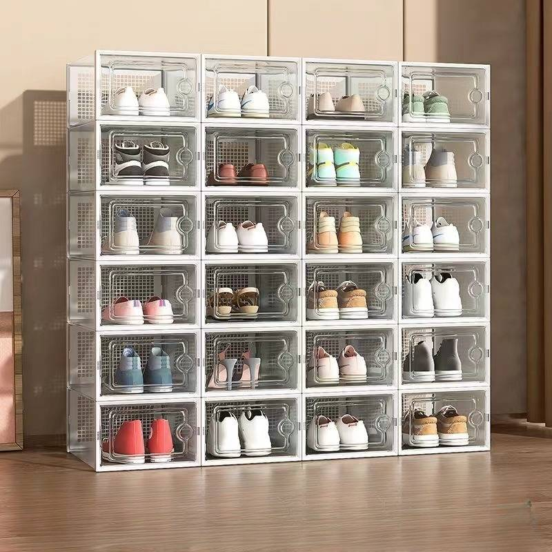 Organiseur familial transparent à couvercle rabattable, boîte de rangement empilable en plastique pour chaussures, design pliable, armoire à chaussures peu encombrante pour baskets et bottes_voghion.com