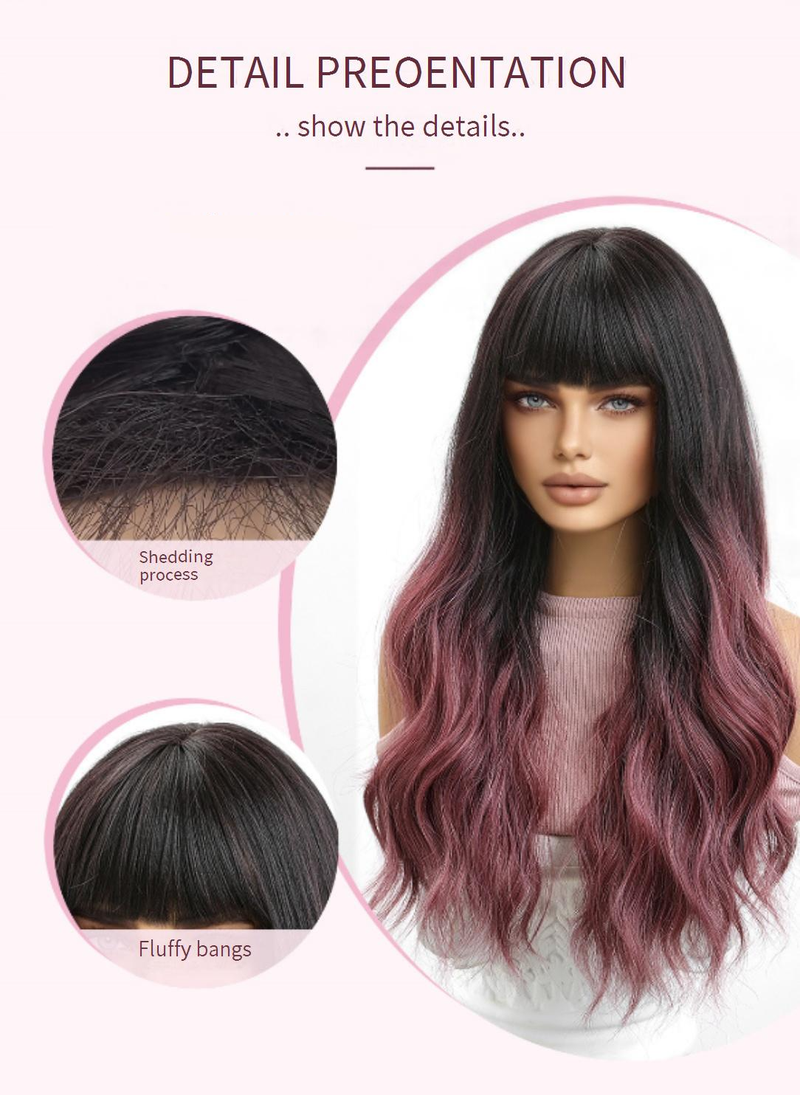 Extension per capelli, parrucche, onde grandi, pittura Lolita, tinta rosa ciliegia sfumato, JK, capelli lunghi e ricci, simulazione testa intera_voghion.com