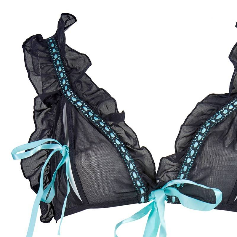KOOSSO ASIS Soft Cup Mesh BRALETTE No Steel Ring Open Chest Crotch Front Strap Bra Sexy Lingerie Set_voghion.com