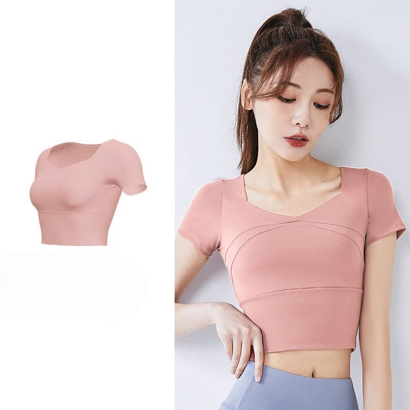 Haut de yoga court avec bande élastique et coussinet de poitrine, compressif, doux comme du beurre, manches courtes_voghion.com
