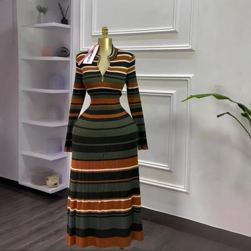 Vêtements pour femmes Robe en tricot rayée surdimensionnée à manches longues, tunique trapèze décontractée, confortable, coupe ample, mélange de coton doux, mode Y2K_voghion.com