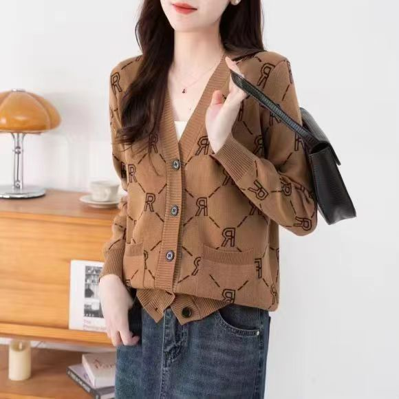 Women's Clothing V-Neck Knit Cardigan – Slim Fit Casual Long Sleeve Open Front Sweater With Pockets, Comfortable Polyester Blend For Fall & Winter_voghion.com