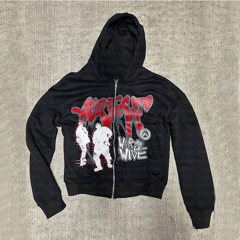 Gothic Hip-Hop Kapuzenpullover mit Reißverschluss und Portrait-Print – Streetwear-Mode für Männer und Frauen_voghion.com