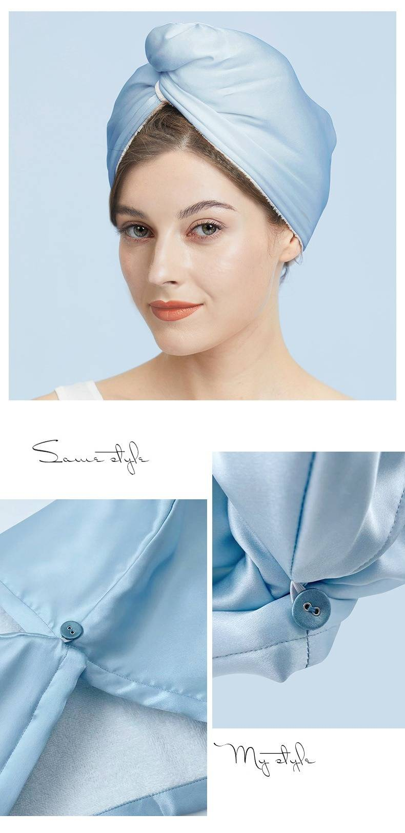 Asciugamano in seta per capelli da donna - Cuffia per asciugare i capelli ultra assorbente e delicata per capelli danneggiati - Morbida e lussuosa (nero, rosa cipria, azzurro ghiaccio)_voghion.com