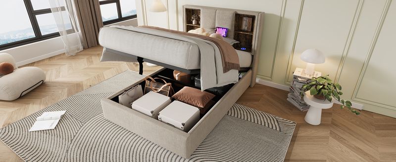 Lit simple avec recharge sans fil USB-C, cadre de lit rembourré avec rangement 90 x 200 cm, sommier à lattes en bois, tissu en lin naturel (avec matelas)_voghion.com