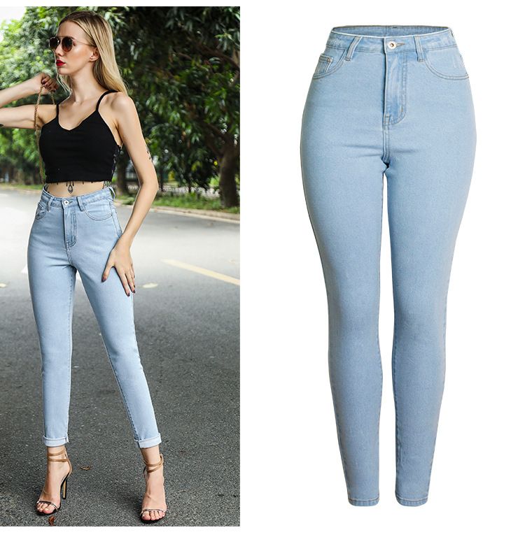 Vêtements pour femmes, pantalon en denim extensible slim taille haute, jean slim délavé de couleur unie_voghion.com