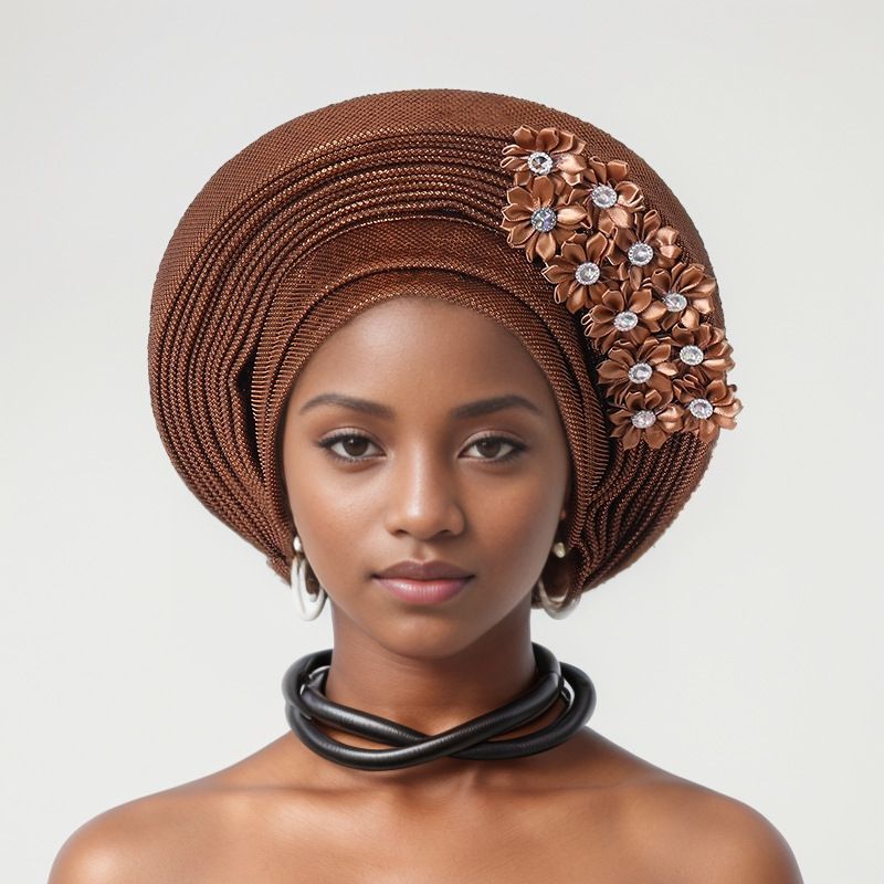 Elegante copricapo a strati in pizzo decorato per matrimoni e feste - Fascia per la testa in gele regolabile in più colori Cappello Baotou Aoto Gele_voghion.com