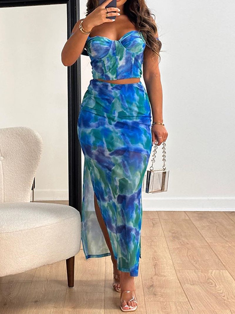 Mesh-bedrucktes Split-Rock-Set 2025 Neues sexy Kleid mit freiliegendem Hosenträger-Brustkissen_voghion.com