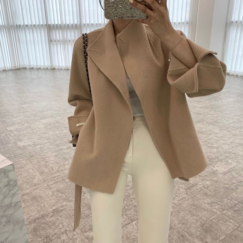 Dameskleding verdikt modieus eenvoudig met riem taille losse temperament wollen jas jas tops_voghion.com