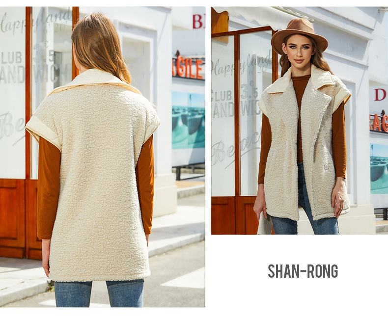 Gilet veste polaire double face à double boutonnage à col de costume ample sans manches pour femme_voghion.com