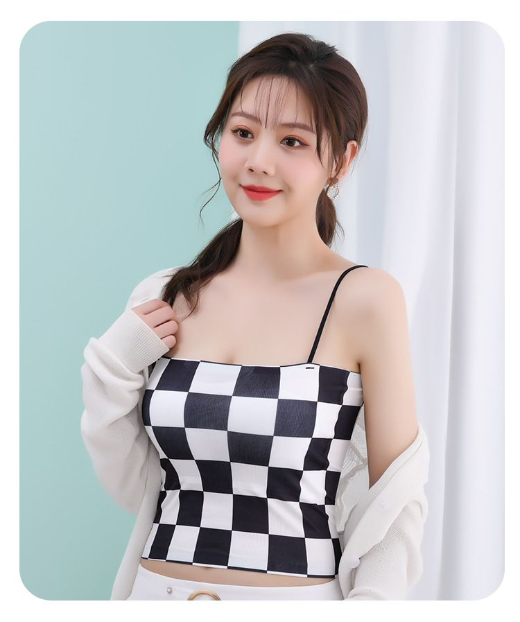 Long checkerboard ice silk one line circumference beautiful back chest wrapped pure desire camisole vest external wear,_voghion.com