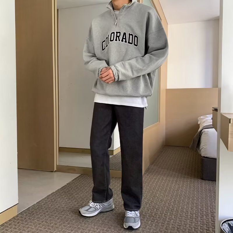 Large Size Half-Zip Sweatshirt For Men, Trendy Brand With Letter Print, Spring And Autumn Long Sleeve Jacket_voghion.com