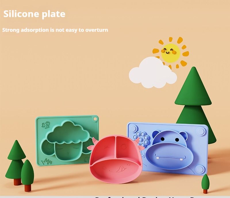Baby safety silicone plate, baby anti slip suction cup bowl, baby cartoon complementary food box, integrated compartment tableware_voghion.com