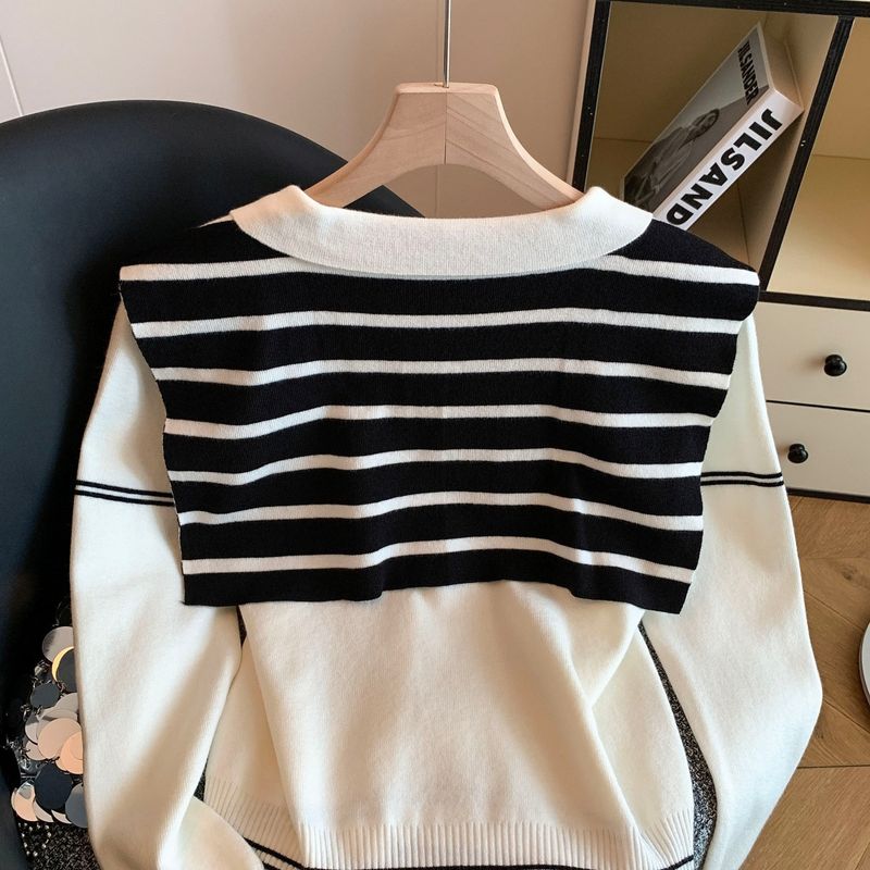 Korean Style Polo Lapel Sweater – Embroidered Pony & Striped Shawl Two-Piece Set (S/M/L/XL)_voghion.com