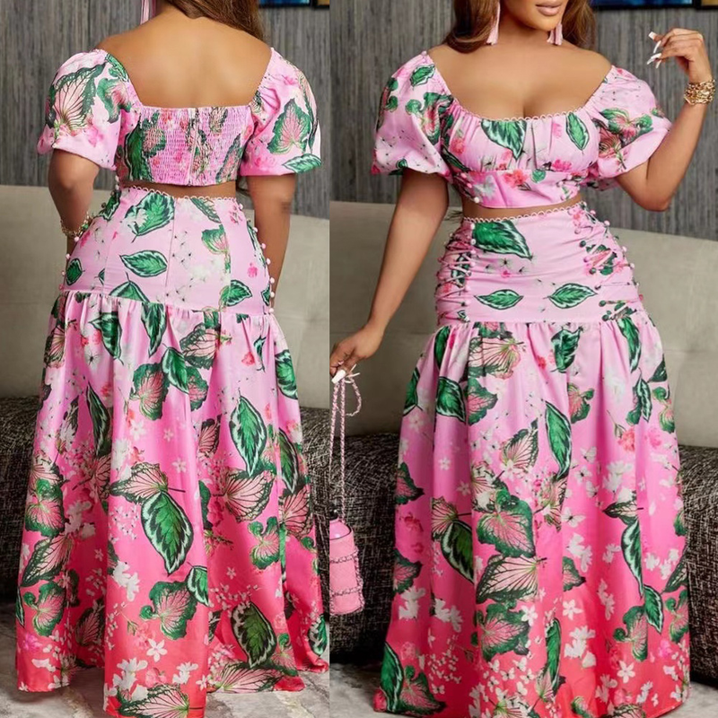 Vêtements pour femmes, mode décontractée, polyvalent, imprimé dégradé de feuilles, costume deux pièces_voghion.com