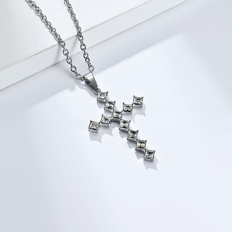 Neutral genderless light luxury style diamond studded titanium steel cross necklace for men and women with personalized diamond square diamond cross_voghion.com