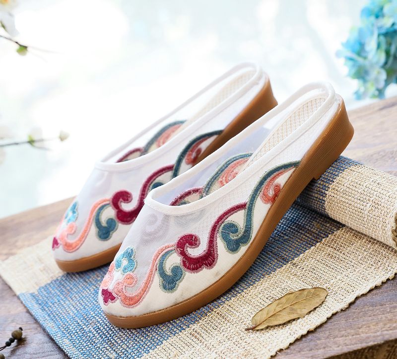 Slippers, Mesh Embroidered Fabric Shoes, Summer Cow Tendon Soles, Casual Women's Outerwear Sandals_voghion.com