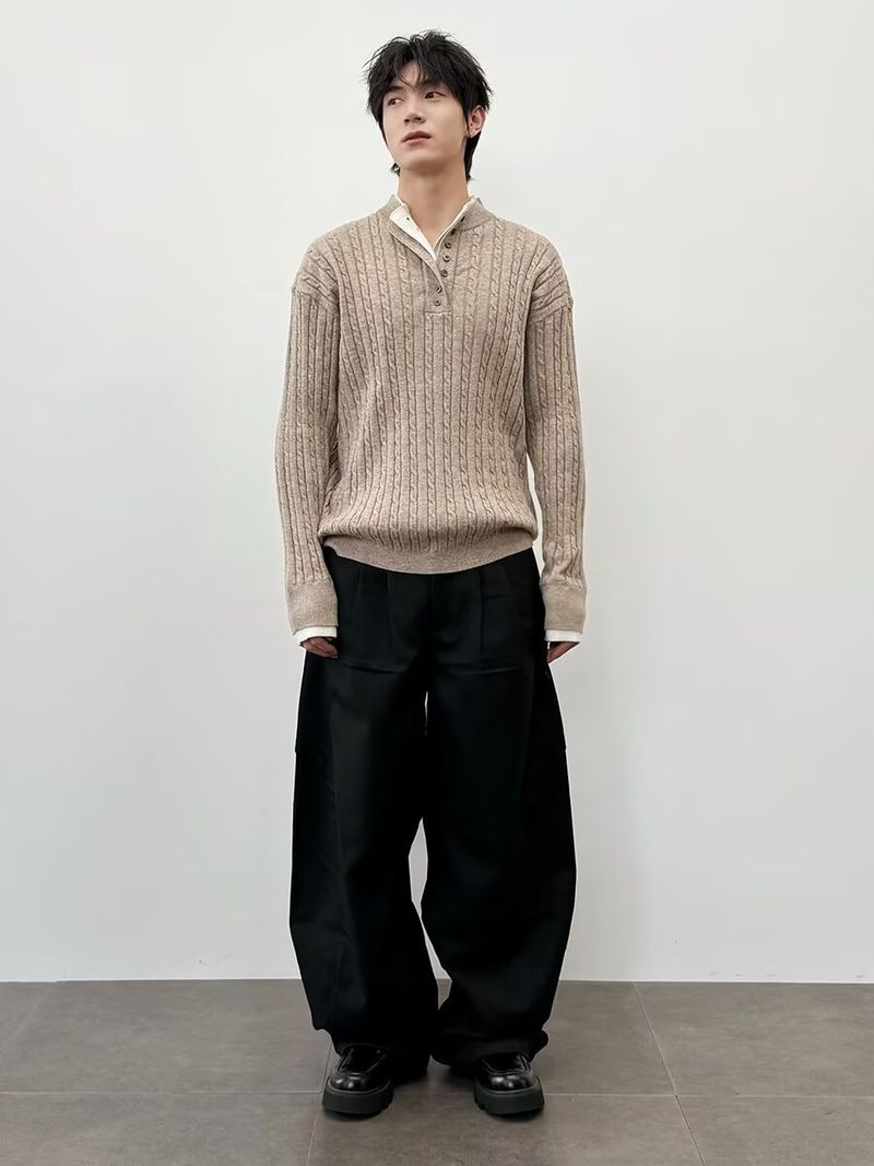 Strickpullover mit Henley-Kragen im Vintage-Stil – Lässiger Polyesterpullover für Herren, Freizeitkleidung für Herbst und Winter_voghion.com