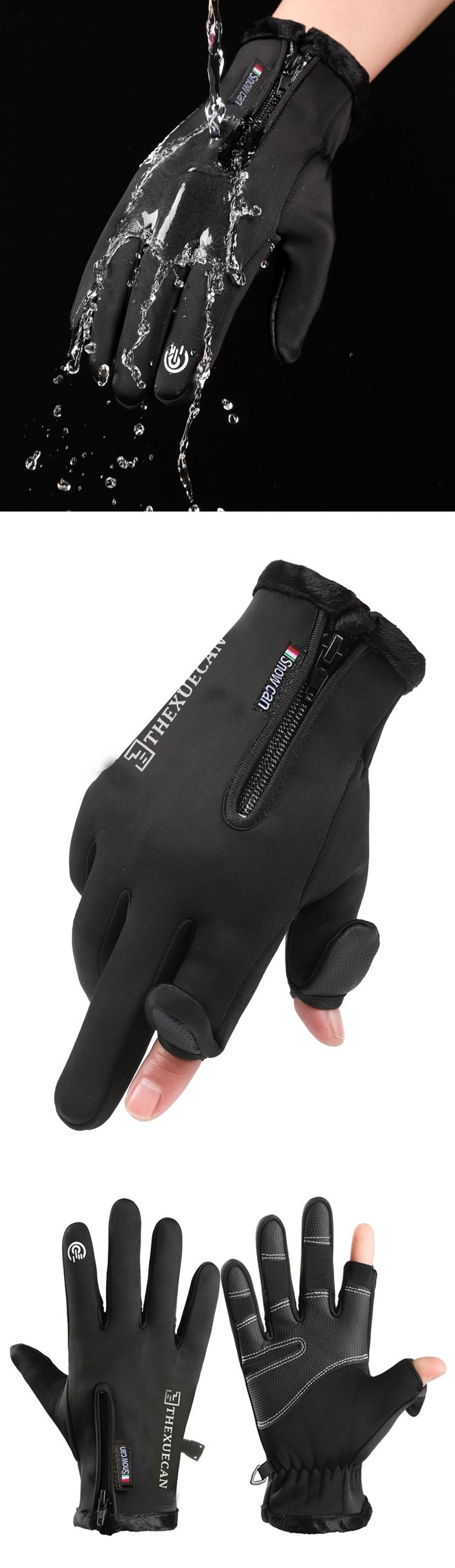 Outdoor warm waterproof gloves winter fingerless plus velvet fishing touch screen ski waterproof non slip zipper mountaineering gloves_voghion.com