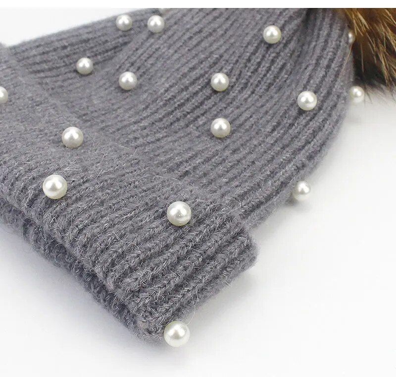 Ull Beaies Riktig Naturlig Rävpäls Pom Poms Fashio Pearl Kitted Hat Tjejer Dam Beaie Keps Pompom Witer Hattar för_voghion.com