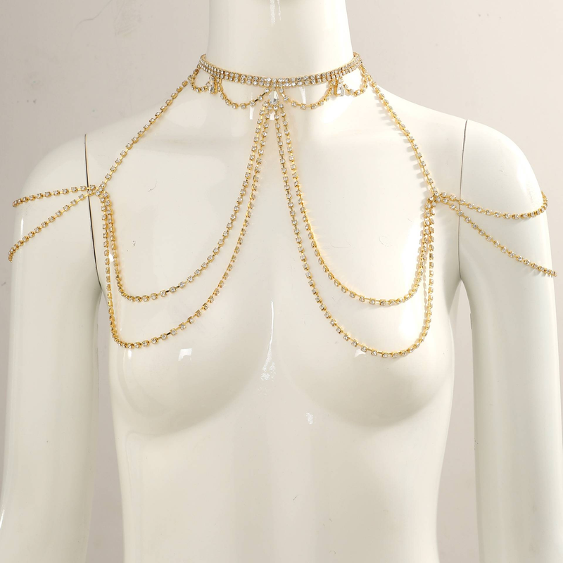 New Fashion Sparkling Diamond Water Drop Zircon Tassel Chest Chain Dinner Shoulder Chain Necklace Body Chain Water Diamond Chain Women's Accessori_voghion.com