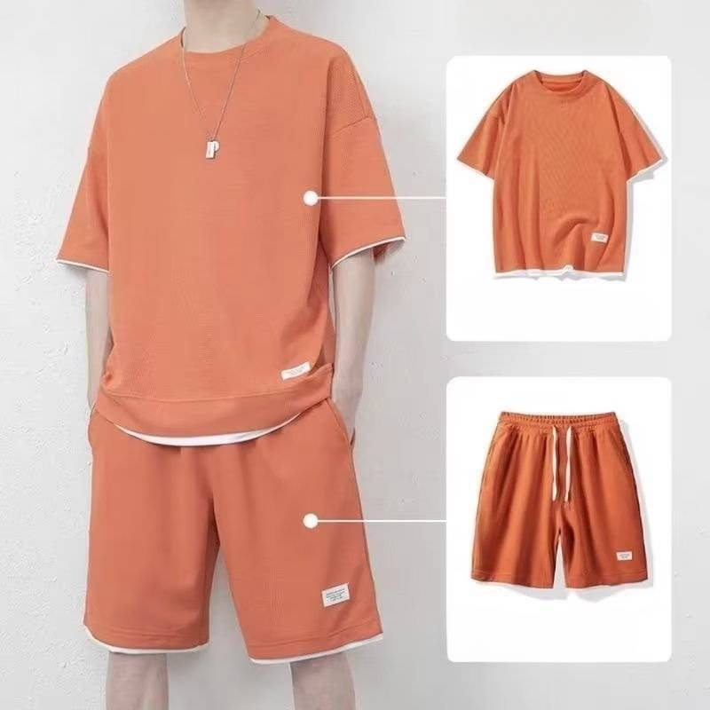 Herren Waffel-Shorts-Anzug, dünnes Kurzarm-T-Shirt mit Sport-Shorts im Set_voghion.com