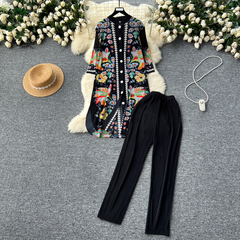 Sieviešu apģērbu kostīms sievietēm, gaišs brieduma stils, vidēja garuma, vienrindu, kroku apdrukas tops + ikdienas bikses ar augstu vidukli_voghion.com