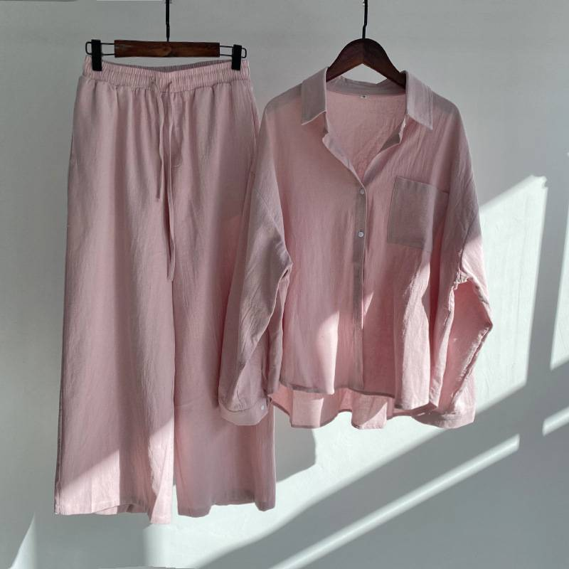 Completo da donna in due pezzi, pantaloni e camicia retrò, 2024, primavera estate, moda, camicia a maniche lunghe in cotone e lino, completo casual da donna_voghion.com