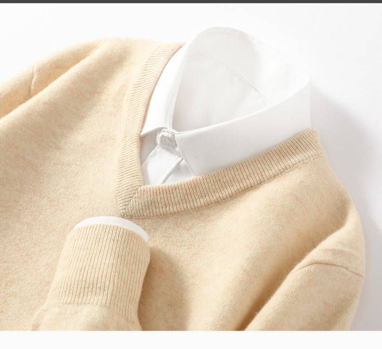 Men's 100% Wool Sweater V-Neck Comfortable Business Casual Pullover Knitwear Soft Breathable Loose Fit Winter Warm Tops_voghion.com
