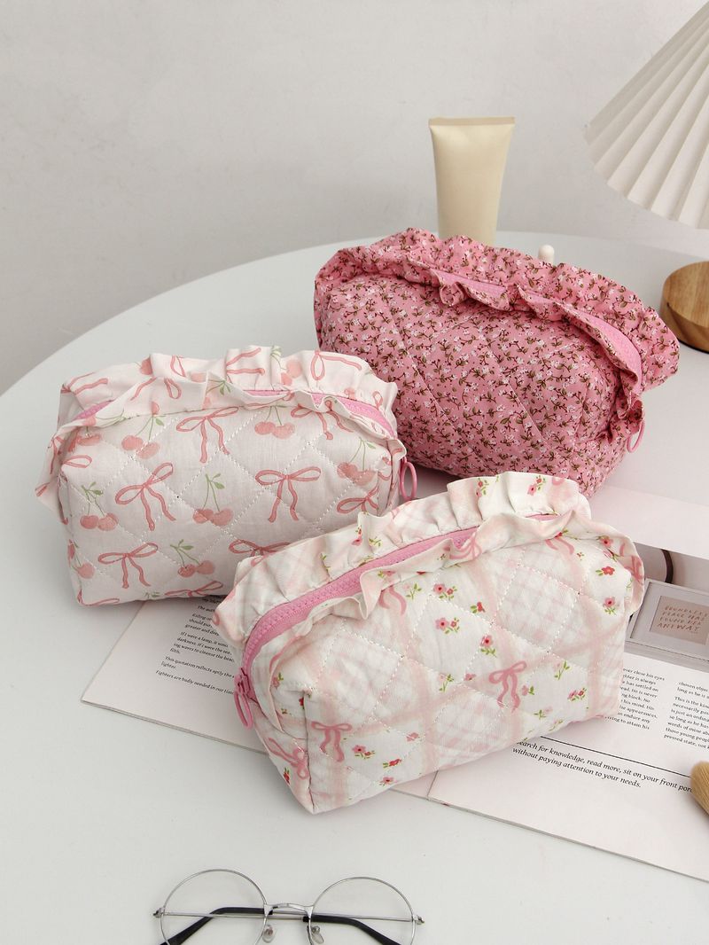 Bow Cherry Kosmetiktasche aus Stoff, große Kapazität, gesteppt, Aufbewahrungstasche für Hautpflegeprodukte, tragbare Reisetasche_voghion.com