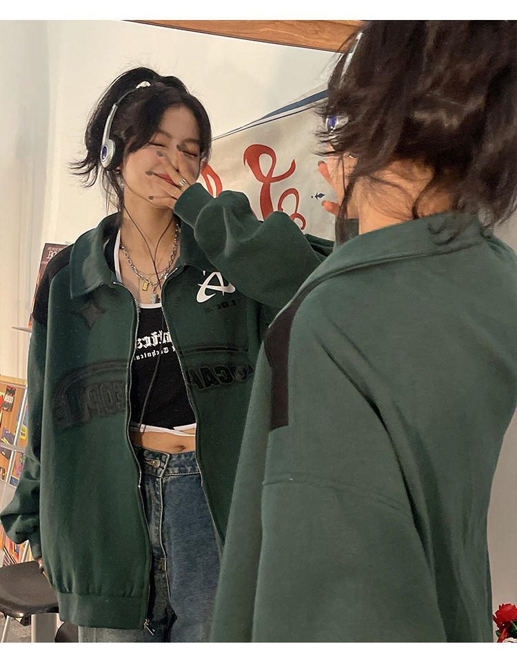 Jauna burtu apdrukas rāvējslēdzēja lielizmēra jaka sievietēm Y2K Retro Hip Hop vaļīga tendences jaka korejiešu modes ielas ikdienas jaka_voghion.com