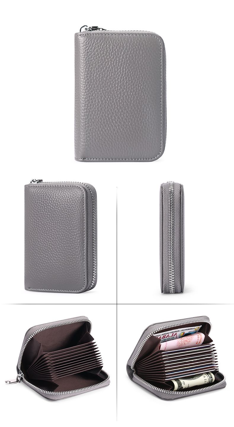 Nuovo primo strato in pelle bovina con cerniera, porta biglietti da visita, porta carte di credito, organo RFID, antifurto, portamonete con spazzola_voghion.com
