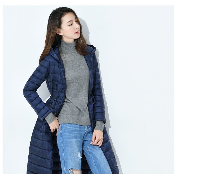 Women's Lightweight Long Down Coat With Hood & Drawstring – Slim Fit Knee-Length Jacket (Black/Burgundy, L-XXL) – 90% White Duck Down_voghion.com