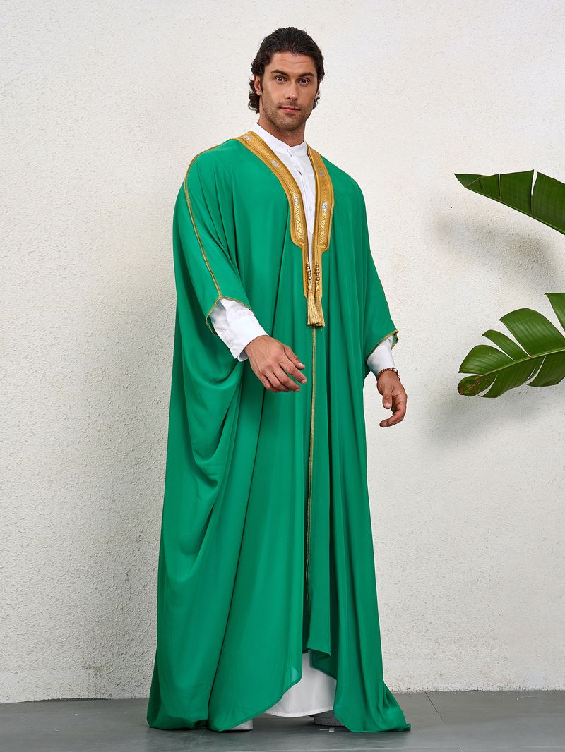 Men's Clothing Middle East Dubai Turkish Muslim Men's Bachelor's Clothing Embroidered Contrast Color Chiffon Robe Thobe_voghion.com