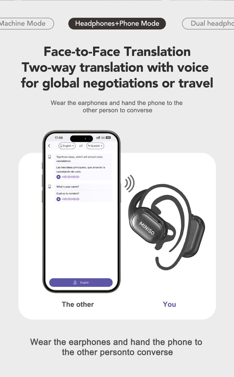 MINISO X30 Wireless Headphones Bluetooth Translation Earbuds Chat Headset Office Travel,real-time Translate Equalizer_voghion.com