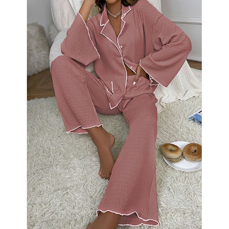 Women's Button-Down Collar Sleepwear Set - Long Sleeve Pajama Top & Pants, Loose Fit, Breathable & Comfortable For Home, Lounge & Sleep_voghion.com